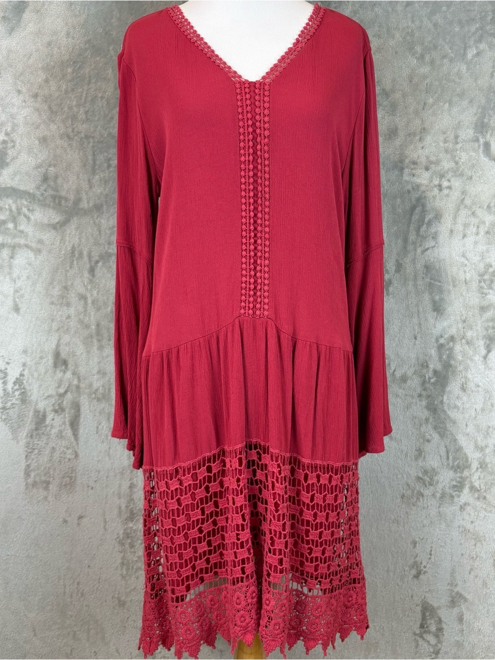 Cato Boho Crochet Hem V-Neck Tunic Dress Wmn’s S